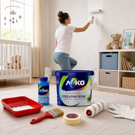 Комплект За Ремонт На Стаи До 45 М² Leko Healthy Living 45 Бял Латекс Сребърни Йони Праймер Аксесоари