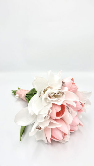 Buchet Orhidee și Lalele Roz Decorative Flori și Plante Artificiale Brosă Perle 70cm L133 Riniotis Rin-l133