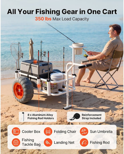 Vevor Beach Fishing Cart Aluminum Frame PU Wheels 420 Mm 8 Rod Holders 159 Kg Capacity Kjsyjccgkjklzbdl2001v0