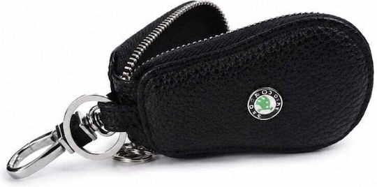 Husă Premium pentru Cheie Auto Skoda din Piele Ecologică Elegantă cu Inel Metalic Neagră