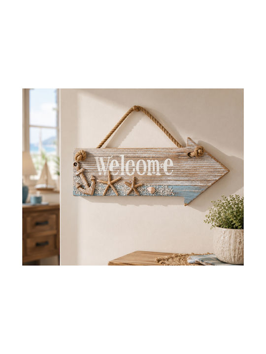 Διακοσμητικό Τοίχου Welcome Χειροποίητο Μπεζ από Ξύλο 30x12cm