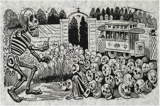 "gran Calavera Eléctrica" (grand Electric Skull) "print Shows Large Skeleton Hypnotizing A Group Of Skulls And A Sitting Skeleton; An Electric Street Car, With Skeletons As Passengers, Is In The Background Gemälde Stoff 150x100cm