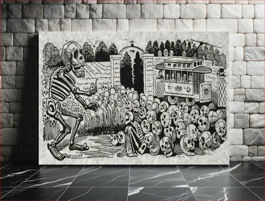 "gran Calavera Eléctrica" (grand Electric Skull) "print Shows Large Skeleton Hypnotizing A Group Of Skulls And A Sitting Skeleton; An Electric Street Car, With Skeletons As Passengers, Is In The Background Картина Тъкан 150x100см