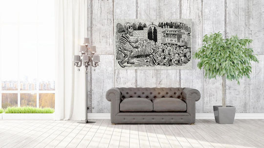"gran Calavera Eléctrica" (grand Electric Skull) "print Shows Large Skeleton Hypnotizing A Group Of Skulls And A Sitting Skeleton; An Electric Street Car, With Skeletons As Passengers, Is In The Background Картина Тъкан 150x100см
