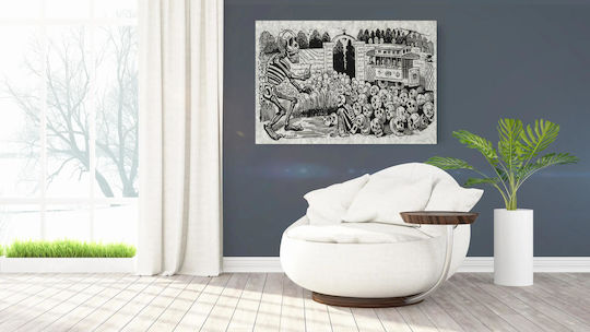 "gran Calavera Eléctrica" (grand Electric Skull) "print Shows Large Skeleton Hypnotizing A Group Of Skulls And A Sitting Skeleton; An Electric Street Car, With Skeletons As Passengers, Is In The Background Картина Тъкан 150x100см