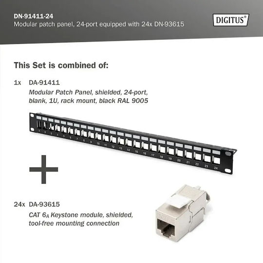 Digitus Patch Panel Keystone für Rack 1U 19" 24 Anschlüsse cat6a Graues