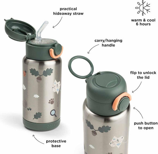 Done by Deer Tiny Trails Stainless Steel Kids Thermos Water Bottle with Straw Green 340ml