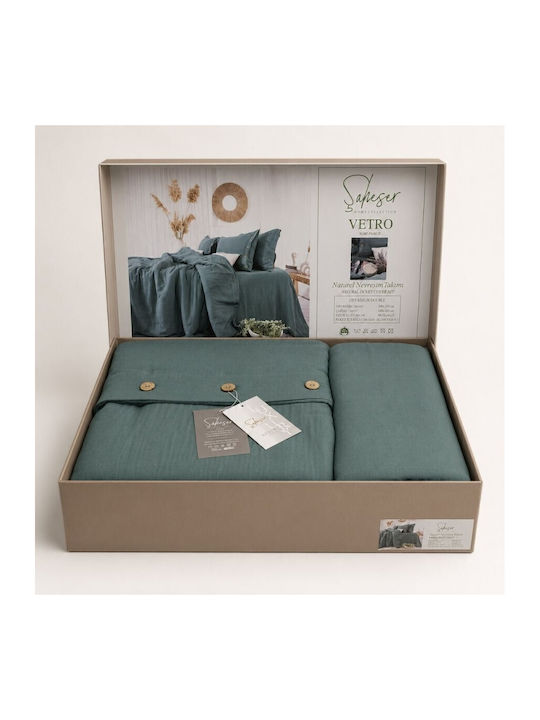 Şaheser Set Huse Pentru Pilote 100% Bumbac 200x220cm Dublă Cu 4 Fețe De Pernă & 1 Cearșaf Vetro Verde