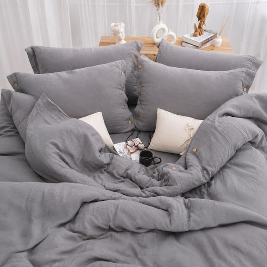 Şaheser Set Huse Pentru Pilote 100% Bumbac 200x220cm Dublă Cu 4 Fețe De Pernă & 1 Cearșaf Anthracite Gri