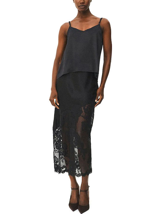 Damen Satin Unterwäsche Top mit Spitze Schwarz