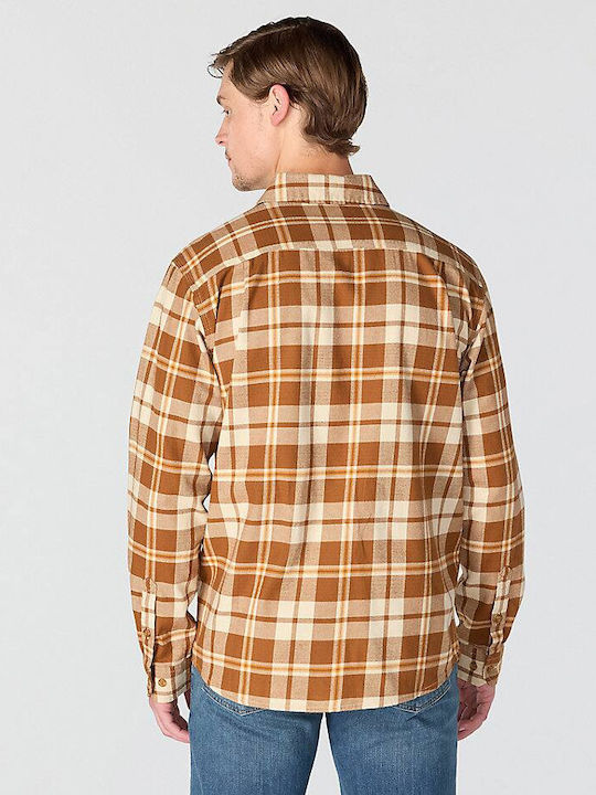 Long Sleeve Flannel Shirt in Wide Fit Checked Brown