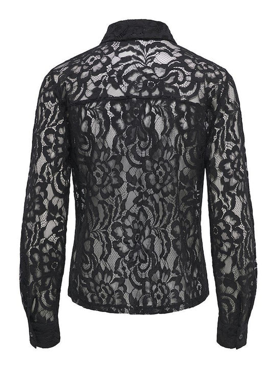 Long Sleeve Women's Denim Shirt Black Floral
