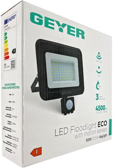 Geyer Στεγανός Προβολέας LED 50W Ψυχρό Λευκό 6500K με Αισθητήρα Κίνησης IP65