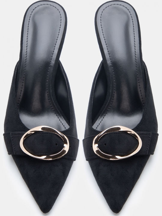 Suede Damen Pantoletten mit Hoch Absatz in Schwarz