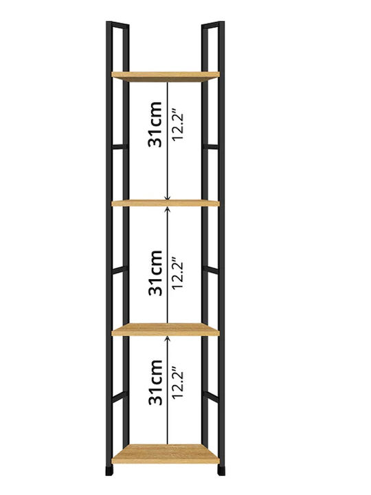 Bookcase Artemis-30112 Oak 4 Shelves 29.1x23.5x112cm Black Metal Frame