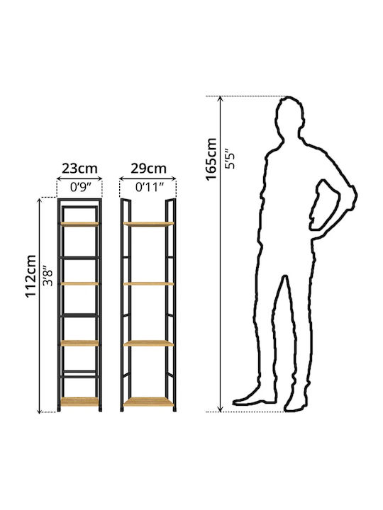 Bookcase Artemis-30112 Oak 4 Shelves 29.1x23.5x112cm Black Metal Frame