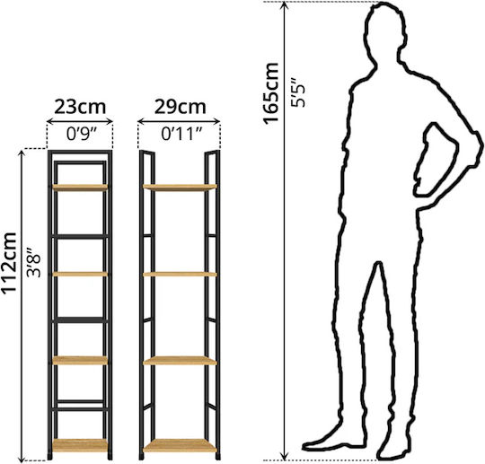 Bookcase Artemis-30112 Oak 4 Shelves 29.1x23.5x112cm Black Metal Frame