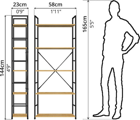 Bookcase Artemis-60144 Oak 5 Shelves 58.6x23.5x144cm Black Metal Frame