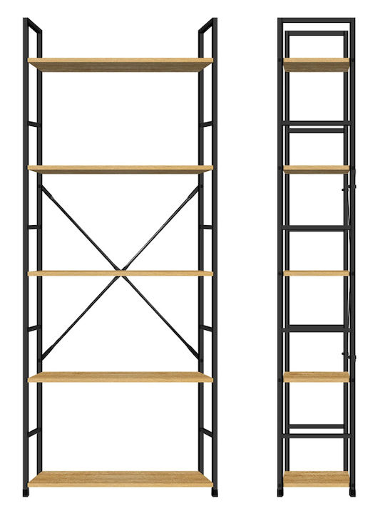 Bookcase Artemis-60144 Oak 5 Shelves 58.6x23.5x144cm Black Metal Frame