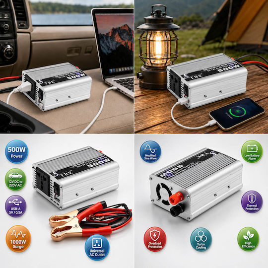 Inverter Αυτοκινήτου Τροποποιημένου Ημιτόνου 500w Μετατροπή 12v Dc 220v Ac Κροκοδειλάκια Θύρα Usb-a Ασημί Tbe