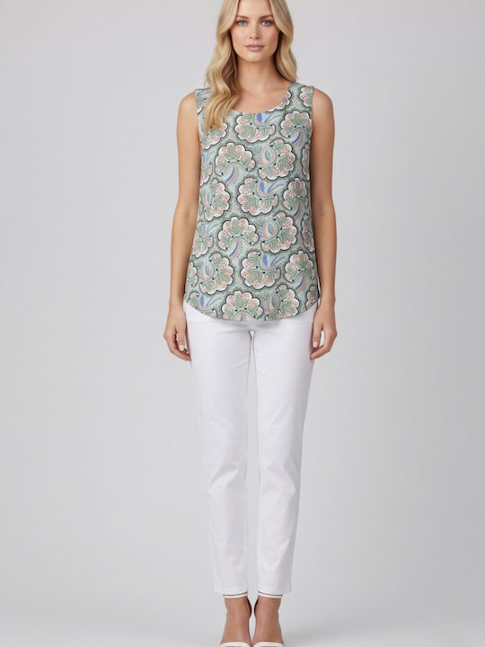 Bluza Damă Fără Mâneci Floral Mentă Eșarfă