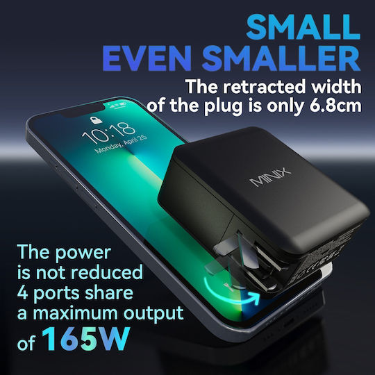 Minix GaN Wireless Charger with USB-A Port and 3 USB-C Ports 165W Power Delivery / Quick Charge 5.0 Black (P165 US)
