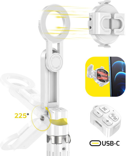 Blavec Selfie Stick Aluminium Coco Pro Mini P-01 Magsafe Auto Pop Quadripod + Remote Control + Holder 0,48 Metra Sscpmp01-mqhw048 White