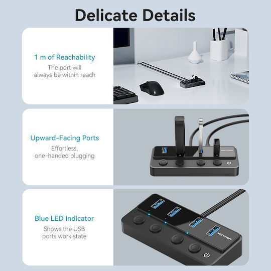 Vention Hub 4 Θυρών USB 2.0 με σύνδεση USB-A / USB-C