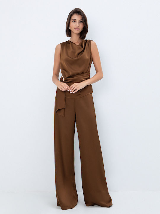 Damen Hochbund Satin Pantaloons mit Gummiband in Gerader Bein Stil Braun
