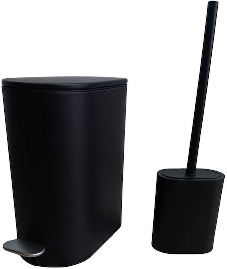 Eurocasa Metalic Set perie de toaletă și coș de gunoi pentru baie Închidere lentă 5lt Negru