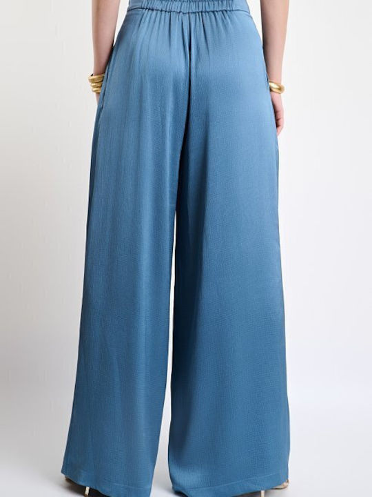 Pantaloni Dama Cu Talie Inalta Cu Elastic Albastri