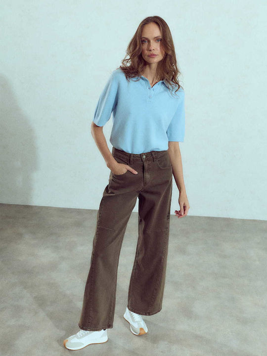 Celestino Blugi Damă Wide-Leg Cusături Decorative Lejer Fit Maro