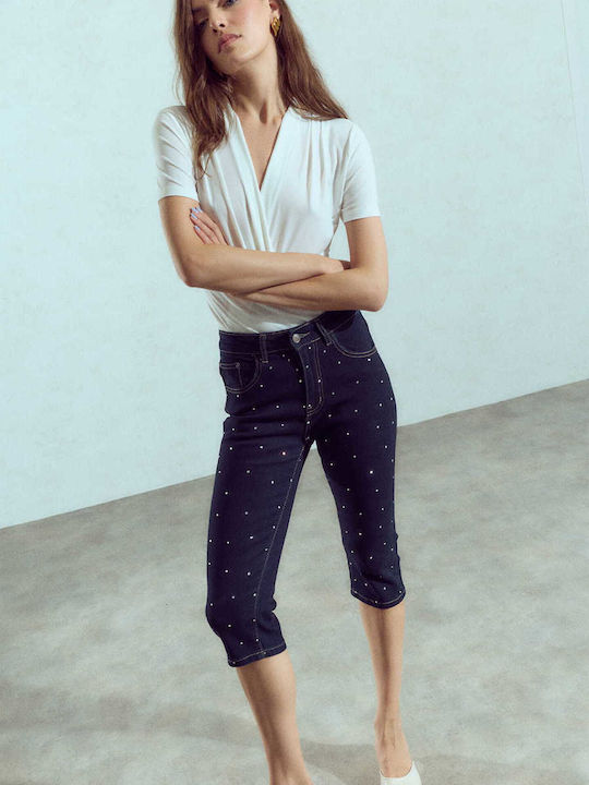 Celestino Capri din Denim pentru Damă Strass Slim Fit Albastru Închis