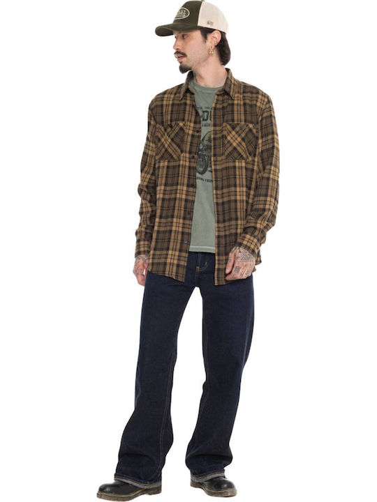 Long Sleeve Flannel Shirt In Regular Fit Checked Brown