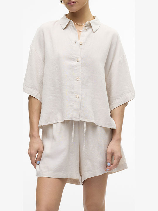 Vero Moda Kurzärmeliges Damenleinen-Halbknopfhemd Moonbeam Offwhite