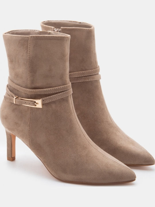 Suede Women's Ankle Boots with High Heel Beige