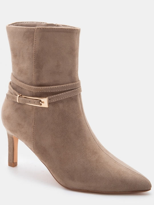 Suede Women's Ankle Boots with High Heel Beige