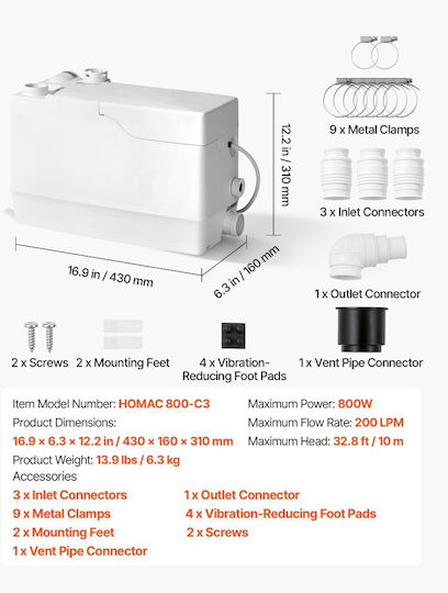 Vevor Помпа за отпадъчни води / канализация 1.06hp HSBSDFL800W3H3NM7001V2