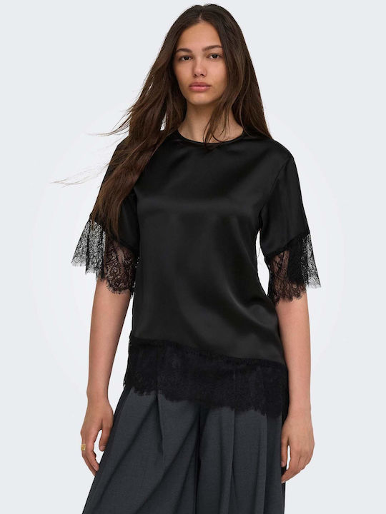 Only Women's Satin Short Sleeve Black Top
