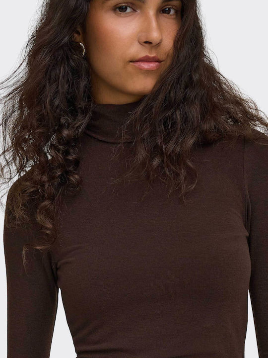 Glamour Women's Blouse Long Sleeve Turtleneck Brown