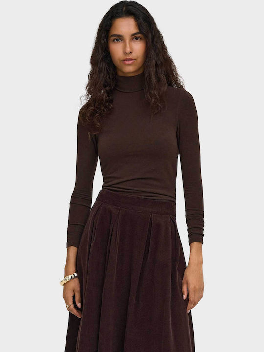 Glamour Women's Blouse Long Sleeve Turtleneck Brown