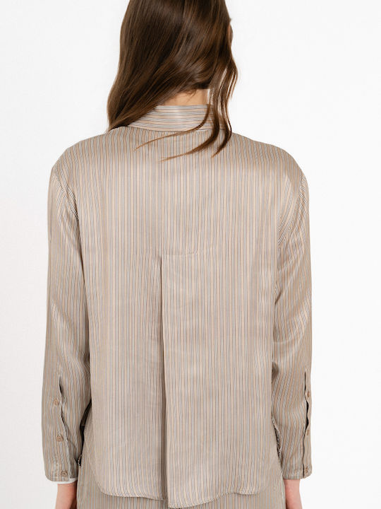 Damen Crop Top Satin Langärmelig Gestreift Beige