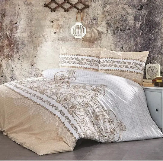 Set Huse Pentru Pilote Bumbac Satinat 200x220cm Dublă Cu 2 Fețe De Pernă & 1 Cearșaf Bej