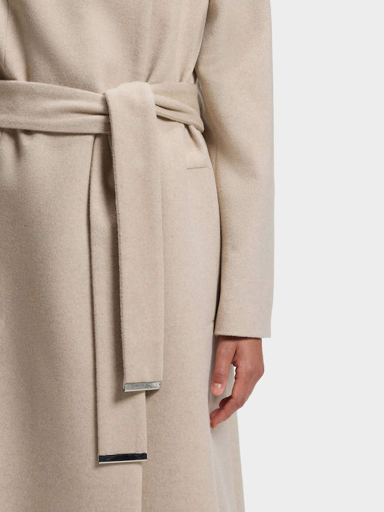 Wool Women's Light Beige Coat with Belt