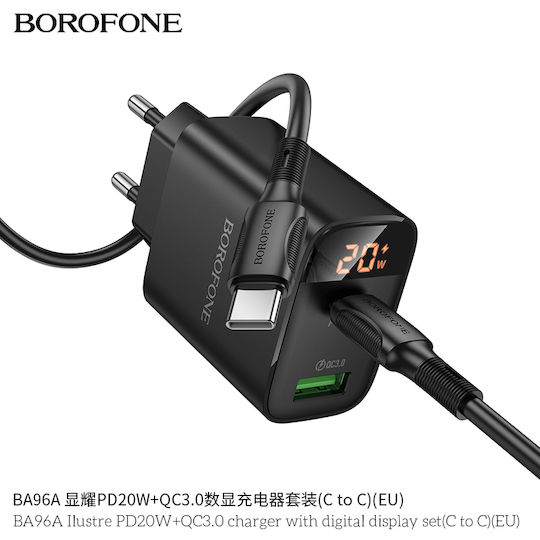 Borofone Mobile Phone Charger With USB-A Output Port And USB-C Output Port And USB-C - USB-C Cable 20W Power Delivery Quick Charge 3.0 Black (BA96A)