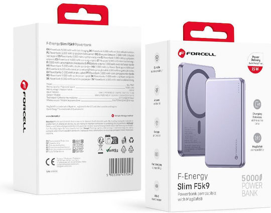 Forcell F5K9 MagSafe Power Bank 5000mAh 15W mit USB-C Ausgangsanschlüsse Power Delivery / Schnellladung Lila