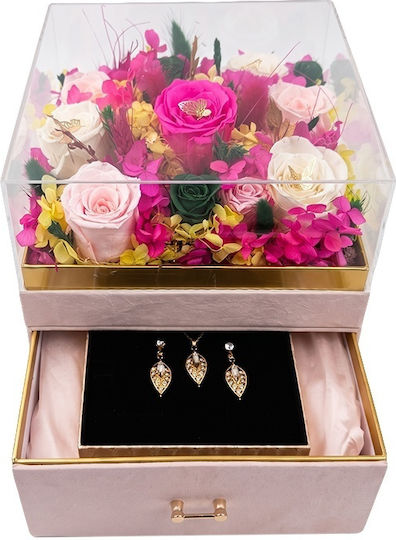 Set De Lux Premium 11 Trandafiri Criogenați Bijuterii Cristal Cutie Pătrată Catifea Roz Pudrat Sertar Plexiglas