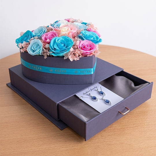 Set Premium 15 Trandafiri Săpun Hortensie Criogenată Bijuterii Cutie Inimă Sertar Plexiglas