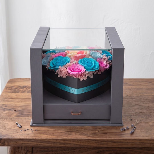 Set Premium 15 Trandafiri Săpun Hortensie Criogenată Bijuterii Cutie Inimă Sertar Plexiglas