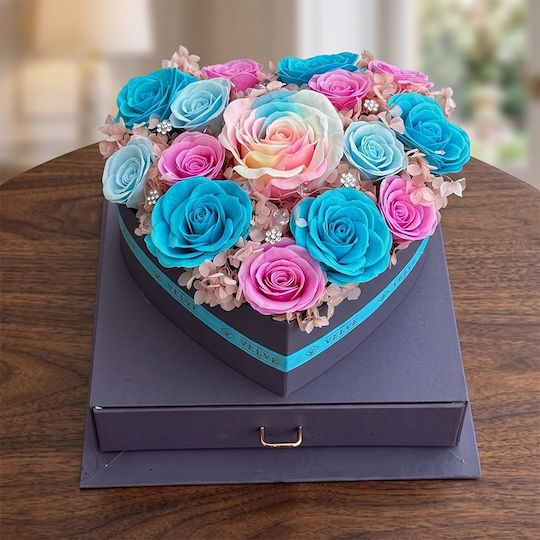 Set Premium 15 Trandafiri Săpun Hortensie Criogenată Bijuterii Cutie Inimă Sertar Plexiglas